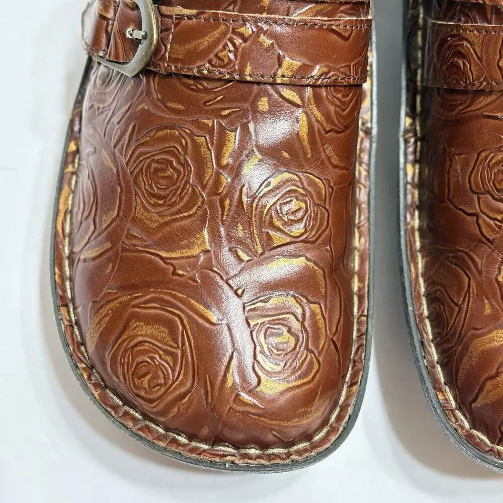 Alegria Ali Choco Brown Tooled Leather Floral Adjustable Comfort Shoes Sz 38